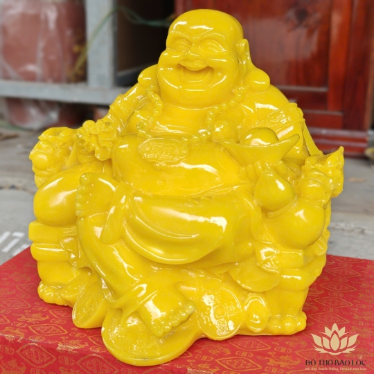 Tượng Di Lạc cầm thỏi vàng bằng bột đá mang phúc lạc và tài lộc cao 23cm