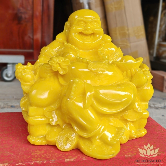 Tượng Di Lạc cầm thỏi vàng bằng bột đá mang phúc lạc và tài lộc cao 23cm