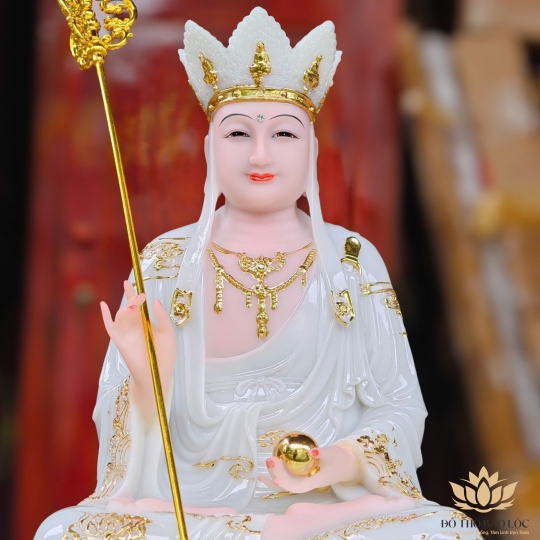 Tượng Địa Tạng Vương Bồ Tát ngồi trên đài sen bằng đá cao cấp cao 42cm – Màu Trắng