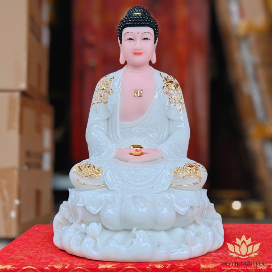 Tượng Phật A Di Đà ngồi trên đài sen bằng đá cao cấp cao 30cm – Màu Trắng