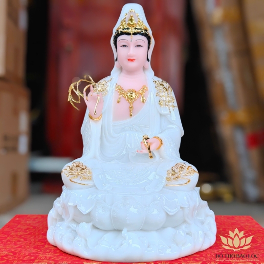 Tượng Phật Quan Thế Âm Bồ Tát ngồi trên đài sen bằng đá cao cấp cao 30cm – Màu Trắng
