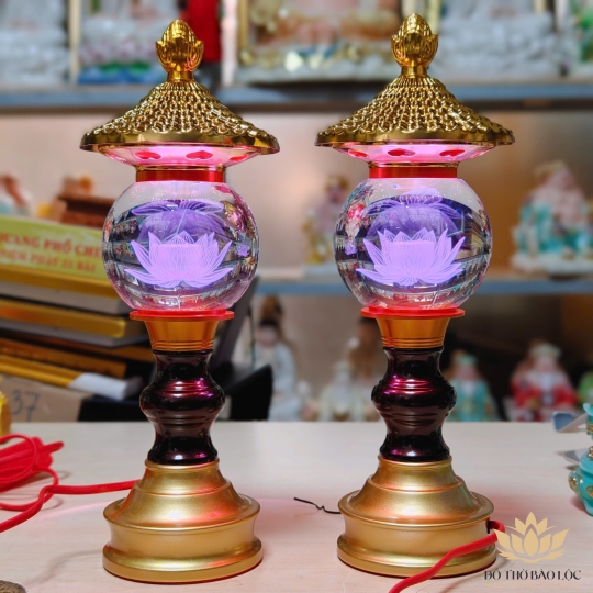 Bộ Đèn Thờ Hoa Sen Pha Lê Hình Tháp Đèn Sáng Nhiều màu cao 31cm - Dạng tròn