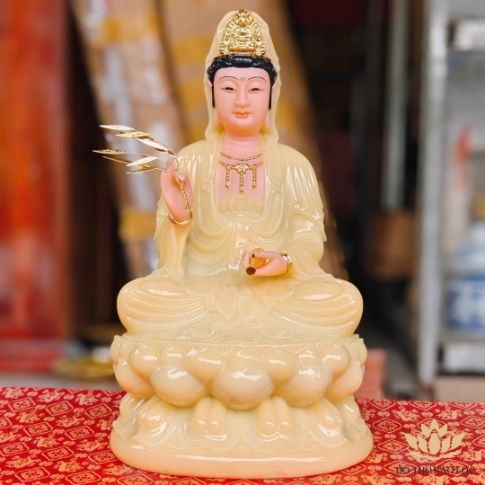 Tượng Phật Quan Thế Âm Bồ Tát màu vàng thạch anh  bằng đá cao cấp cao 30cm