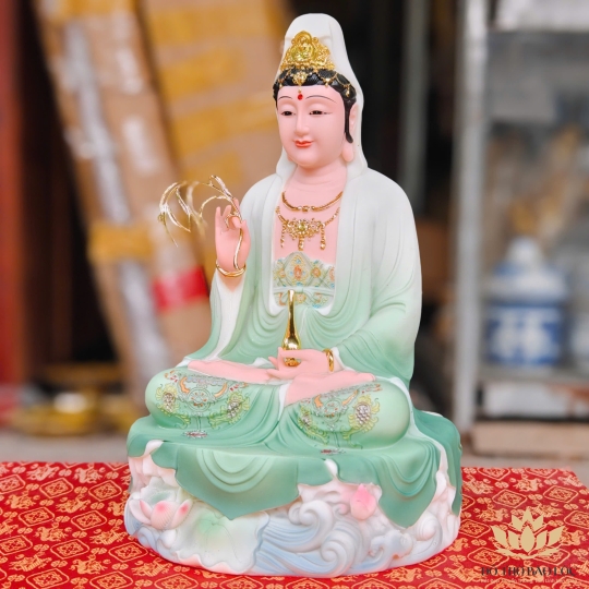 Tượng Phật Quan Thế Âm Bồ Tát màu xanh gấm cao 29cm