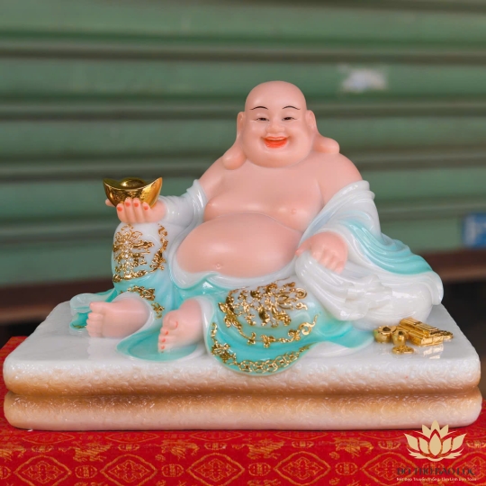 Tượng Di Lặc cầm thỏi vàng bằng đá nhập khẩu cao câp ngang 30cm