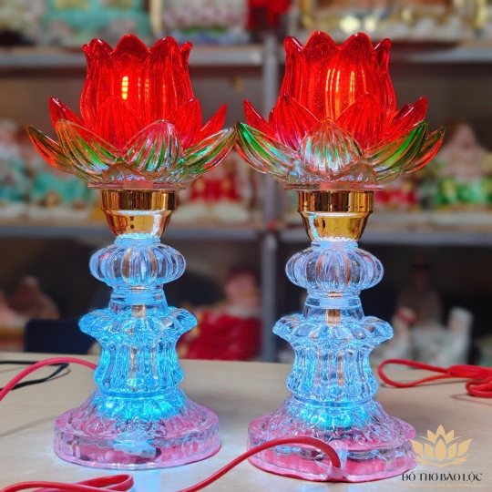 Cặp Đèn Thờ Pha Lê Hoa Sen Thủy Tinh  cao cấp, đèn led 7 màu cao 25cm– hoa sen vàng và đỏ 