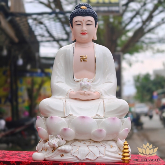 Tượng Phật A Di Đà Bằng Sứ Đức Hóa sen hồng 2 Kích Cỡ Cao (31cm và 41cm) màu trắng