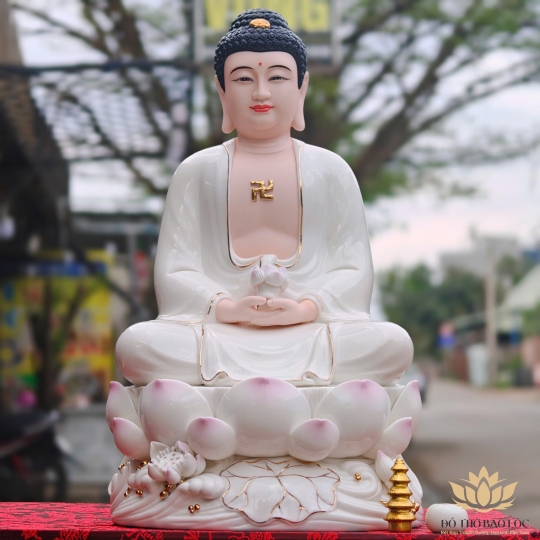 Tượng Phật A Di Đà Bằng Sứ Đức Hóa sen hồng 2 Kích Cỡ Cao (31cm và 41cm) màu trắng