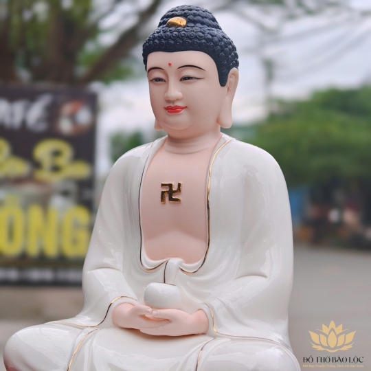 Tượng Phật A Di Đà Bằng Sứ Đức Hóa sen hồng 2 Kích Cỡ Cao (31cm và 41cm) màu trắng