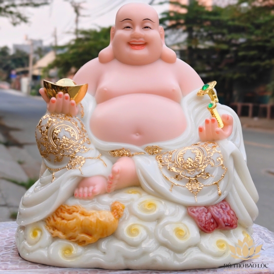 Tượng Phật Di lặc cầm gậy như ý bằng đá nhập khẩu cao cấp