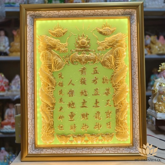 [38x48] Bài vị Thần Tài Thổ Địa Dát Vàng 24K Nền Xanh Lá Có Đèn cao 48cm x 38cm