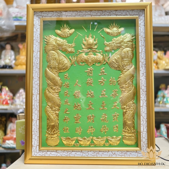 [38x48] Bài vị Thần Tài Thổ Địa Dát Vàng 24K Nền Xanh Lá Có Đèn cao 48cm x 38cm