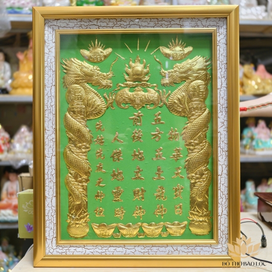 [38x48] Bài vị Thần Tài Thổ Địa Dát Vàng 24K Nền Xanh Lá Có Đèn cao 48cm x 38cm