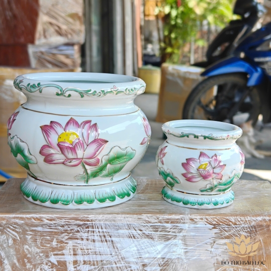 Lư hương sứ bạch ngọc hoa sen tím nổi cao cấp đường kính 11cm