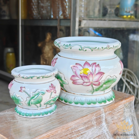 Lư hương sứ bạch ngọc hoa sen tím nổi cao cấp đường kính ĐK 15.5cm